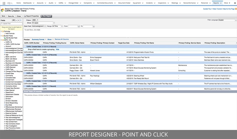 enterprise quality management system dashboard screen
