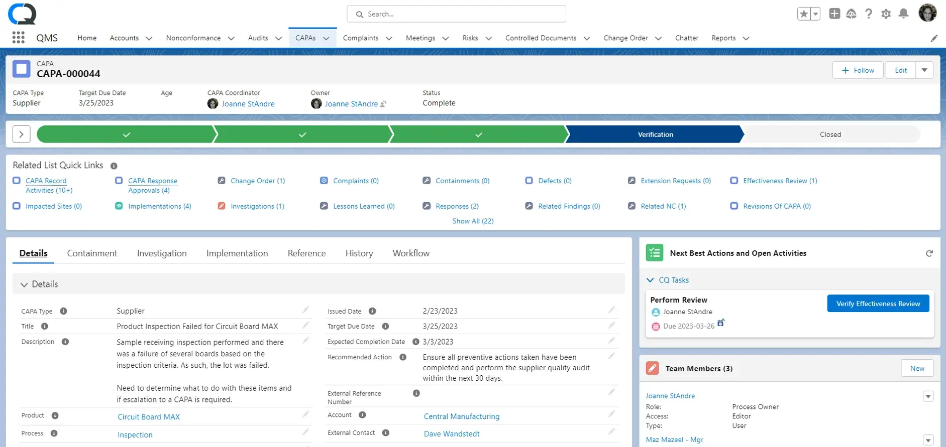 screenshot  of capa software in compliancequest
