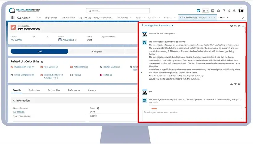 CQ.AI Investigation Assistant in QMS
